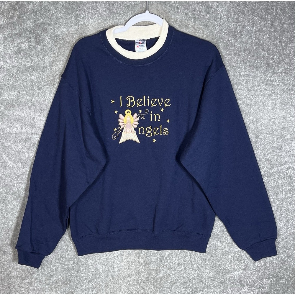Jerzees NuBlend I BELIEVE IN ANGELS Embroidered Sweatshirt Womens Sz Medium Blue